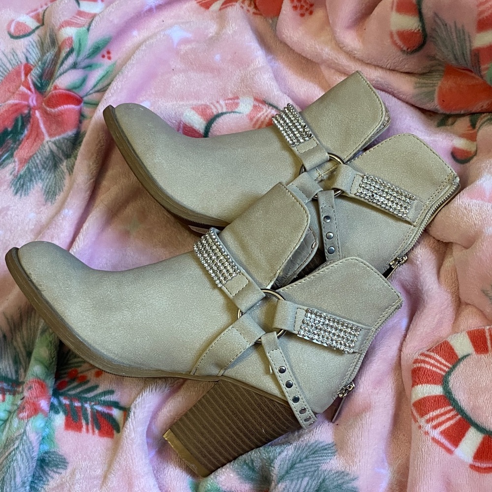 Elegant Taupe Ankle Booties with Rhinestone Detailing